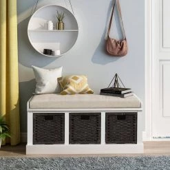 White Storage Bench with Removable Cushion and 3-Rattan Basket 43.7 in. L x 15.7 in. W x 17 in. H by ATHMILE -ATHMILE Sales Store white athmile dining benches gz b2w20220685 31 1000