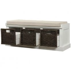 White Storage Bench with Removable Cushion and 3-Rattan Basket 43.7 in. L x 15.7 in. W x 17 in. H by ATHMILE -ATHMILE Sales Store white athmile dining benches gz b2w20220685 44 1000