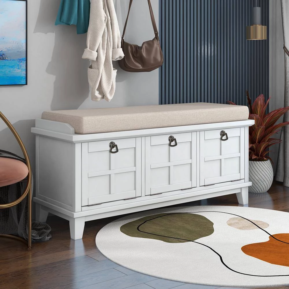 White Storage Bench with Beige Cushion(42.9 in. L x 15 in. W x 19.3 in. H) by ATHMILE 9 White Storage Bench with Beige Cushion(42.9 in. L x 15 in. W x 19.3 in. H) by ATHMILE - Image 9