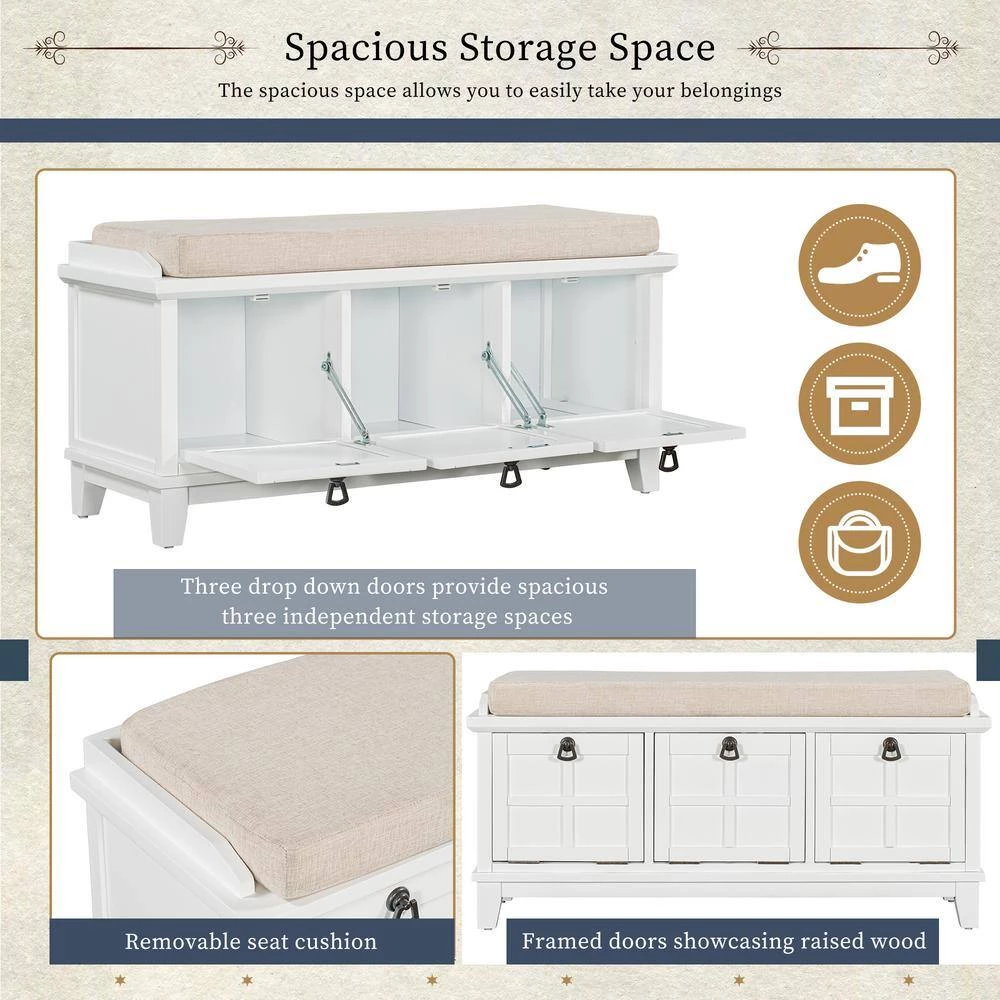 White Storage Bench with Beige Cushion(42.9 in. L x 15 in. W x 19.3 in. H) by ATHMILE 7 White Storage Bench with Beige Cushion(42.9 in. L x 15 in. W x 19.3 in. H) by ATHMILE - Image 7