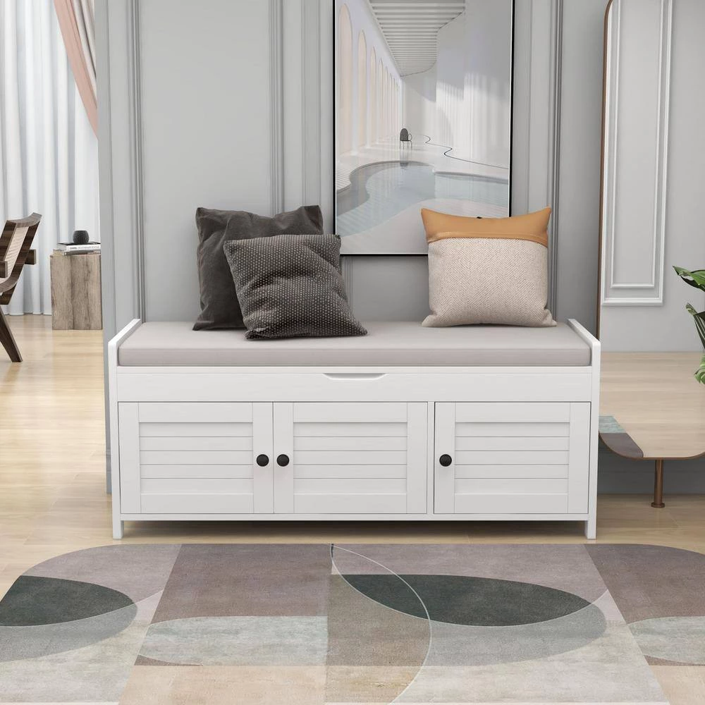 White Storage Bench with Removable Cushion and 3 Shutter-shaped Doors 43.5"L x 16"W x 18"H by ATHMILE 12 White Storage Bench with Removable Cushion and 3 Shutter-shaped Doors 43.5"L x 16"W x 18"H by ATHMILE - Image 12