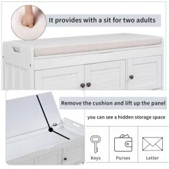 White Storage Bench with Removable Cushion and 3 Shutter-shaped Doors 43.5"L x 16"W x 18"H by ATHMILE 18 White Storage Bench with Removable Cushion and 3 Shutter-shaped Doors 43.5"L x 16"W x 18"H by ATHMILE -ATHMILE Sales Store white athmile dining benches gz wf284226aak 4f 1000