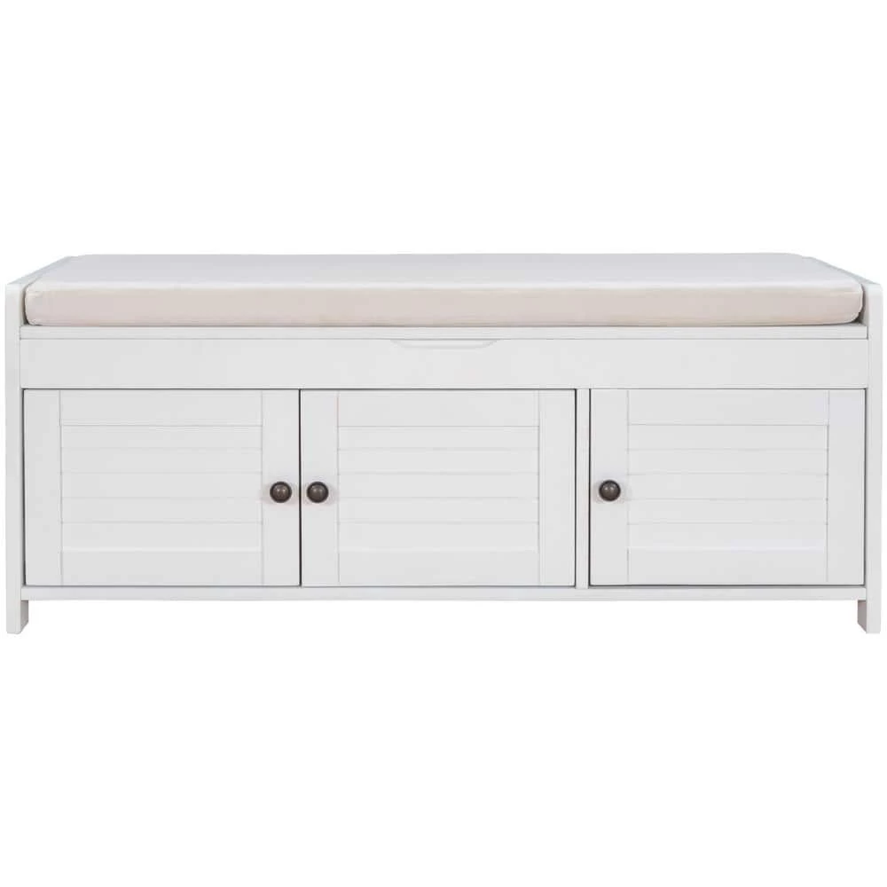 White Storage Bench with Removable Cushion and 3 Shutter-shaped Doors 43.5"L x 16"W x 18"H by ATHMILE 1 White Storage Bench with Removable Cushion and 3 Shutter-shaped Doors 43.5"L x 16"W x 18"H by ATHMILE