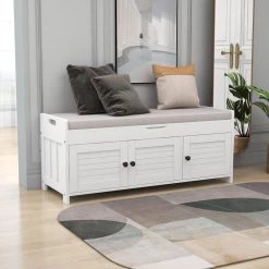 White Storage Bench with Removable Cushion and 3 Shutter-shaped Doors 43.5"L x 16"W x 18"H by ATHMILE 15 White Storage Bench with Removable Cushion and 3 Shutter-shaped Doors 43.5"L x 16"W x 18"H by ATHMILE -ATHMILE Sales Store white athmile dining benches gz wf284226aak 66 1000