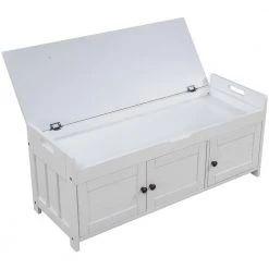 White Storage Bench with Removable Cushion and 3 Shutter-shaped Doors 43.5"L x 16"W x 18"H by ATHMILE 22 White Storage Bench with Removable Cushion and 3 Shutter-shaped Doors 43.5"L x 16"W x 18"H by ATHMILE -ATHMILE Sales Store white athmile dining benches gz wf284226aak 76 1000