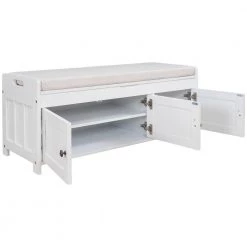 White Storage Bench with Removable Cushion and 3 Shutter-shaped Doors 43.5"L x 16"W x 18"H by ATHMILE 16 White Storage Bench with Removable Cushion and 3 Shutter-shaped Doors 43.5"L x 16"W x 18"H by ATHMILE -ATHMILE Sales Store white athmile dining benches gz wf284226aak 77 1000