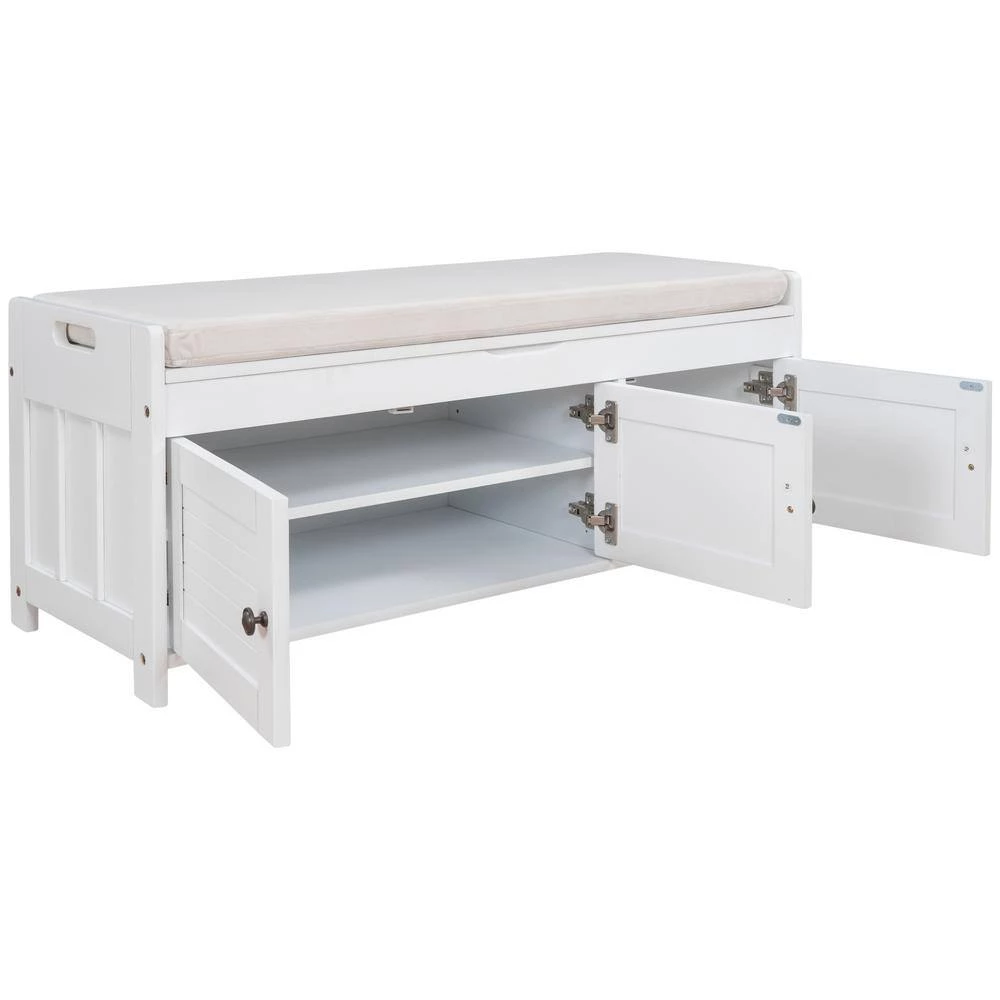 White Storage Bench with Removable Cushion and 3 Shutter-shaped Doors 43.5"L x 16"W x 18"H by ATHMILE 5 White Storage Bench with Removable Cushion and 3 Shutter-shaped Doors 43.5"L x 16"W x 18"H by ATHMILE - Image 5