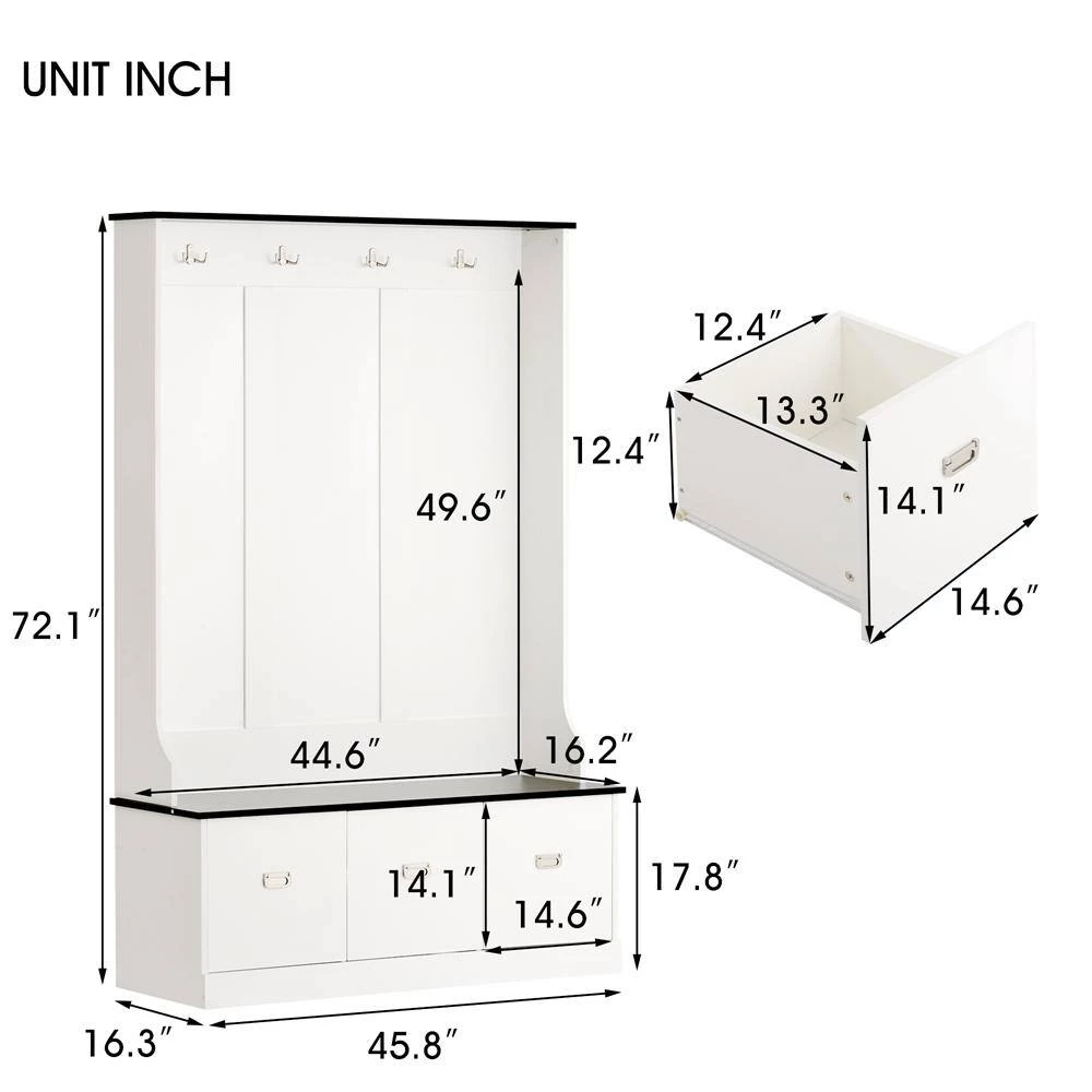 White Hall Tree with 4-Hooks and 3-Large Drawers by ATHMILE 3 White Hall Tree with 4-Hooks and 3-Large Drawers by ATHMILE - Image 3