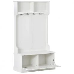 3-in-1 Design White Hall Tree with 4 Hooks, Coat Hanger and Storage Bench, by ATHMILE
