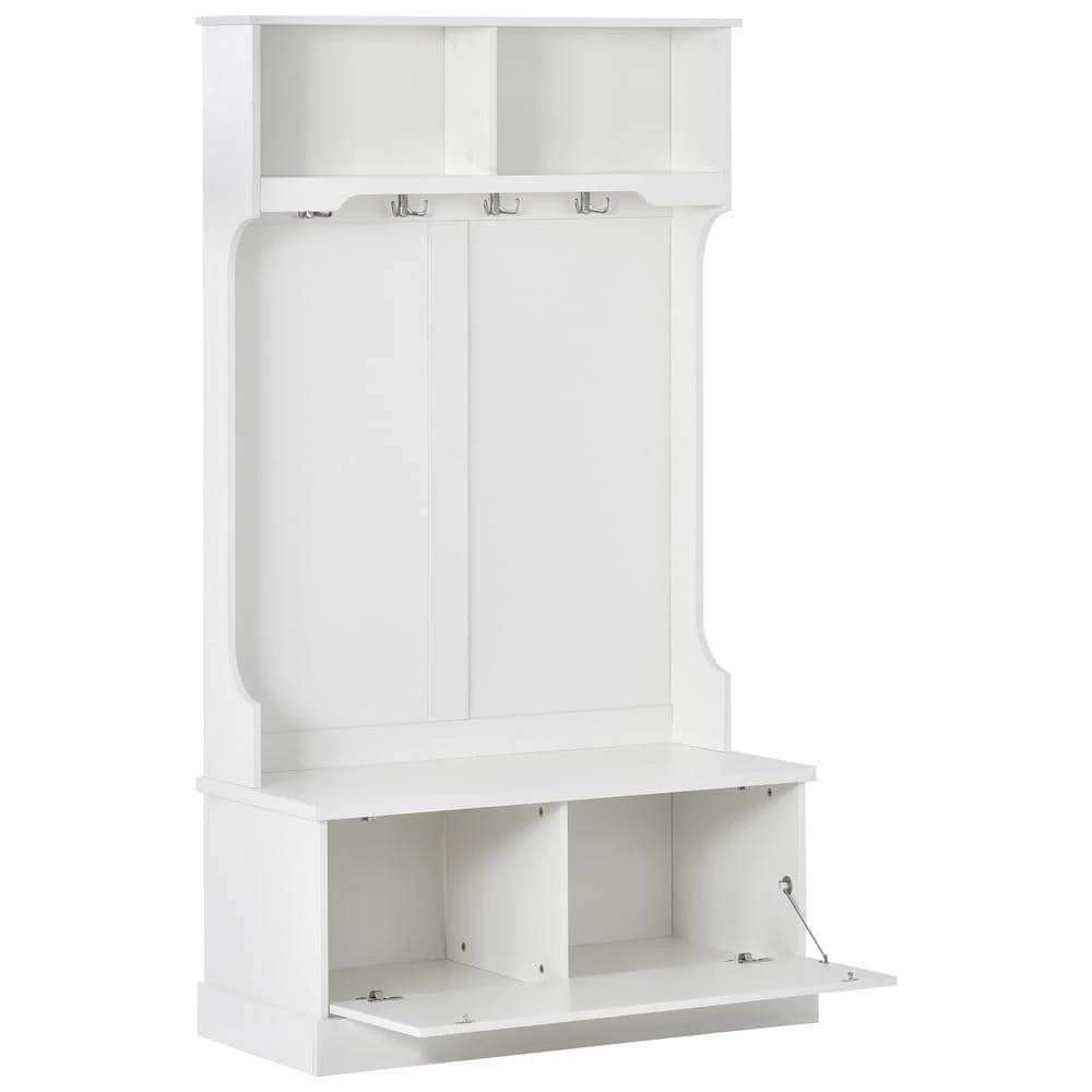 3-in-1 Design White Hall Tree with 4 Hooks, Coat Hanger and Storage Bench, by ATHMILE 1 3-in-1 Design White Hall Tree with 4 Hooks, Coat Hanger and Storage Bench, by ATHMILE