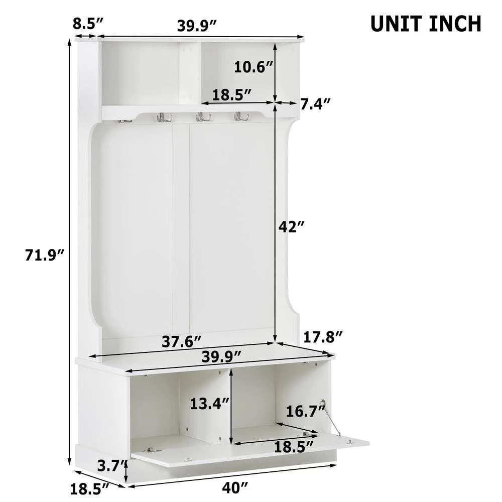 3-in-1 Design White Hall Tree with 4 Hooks, Coat Hanger and Storage Bench, by ATHMILE 4 3-in-1 Design White Hall Tree with 4 Hooks, Coat Hanger and Storage Bench, by ATHMILE - Image 4