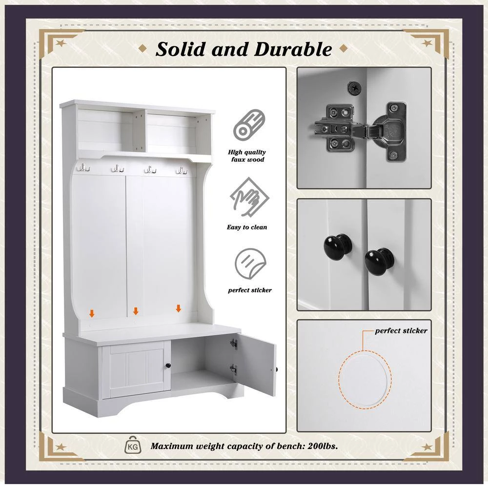 3-in-1 Design White Hall Tree with 4 Hooks and Shelves Cabinet by ATHMILE 5 3-in-1 Design White Hall Tree with 4 Hooks and Shelves Cabinet by ATHMILE - Image 5