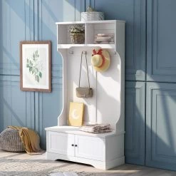 3-in-1 Design White Hall Tree with 4 Hooks and Shelves Cabinet by ATHMILE 17 3-in-1 Design White Hall Tree with 4 Hooks and Shelves Cabinet by ATHMILE -ATHMILE Sales Store white athmile hall trees gz b2w20220192 31 1000
