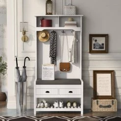 White Hall Tree with 4-Hooks and Hinged Lid by ATHMILE -ATHMILE Sales Store white athmile hall trees gz b2w20220802 31 1000