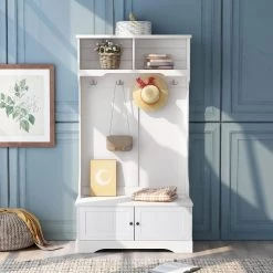 White Hall Tree with Shelves Cabinet and Four Hooks by ATHMILE -ATHMILE Sales Store white athmile hall trees gzx b2w20221361 4f 1000