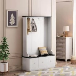 White Hall Tree with 4 -ooks and 3-Large Drawers by ATHMILE -ATHMILE Sales Store white athmile hall trees gzx b2w20221364 76 1000