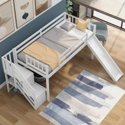 White Twin Size Low Loft Bed with Adjustable Slide and Staircase by ATHMILE -ATHMILE Sales Store white athmile kids beds ccsm000200aak 31 1000