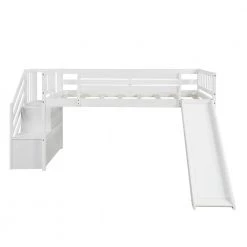 White Twin Size Low Loft Bed with Adjustable Slide and Staircase by ATHMILE