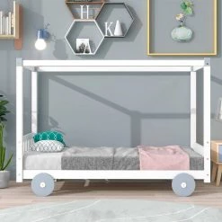 White Wood Frame Twin Bed Frame by ATHMILE -ATHMILE Sales Store white athmile kids beds dswf290139aak fa 1000