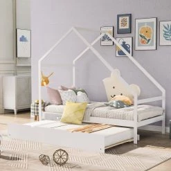 White Twin Size Wooden House Bed with Twin Size Trundle by ATHMILE -ATHMILE Sales Store white athmile kids beds gz b2w20220447 31 1000