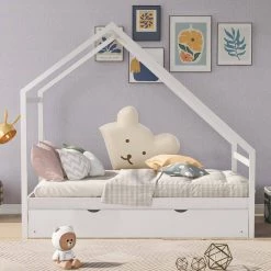 White Twin Size Wooden House Bed with Twin Size Trundle by ATHMILE -ATHMILE Sales Store white athmile kids beds gz b2w20220447 4f 1000