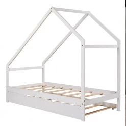 White Twin Size Wooden House Bed with Twin Size Trundle by ATHMILE -ATHMILE Sales Store white athmile kids beds gz b2w20220447 fa 1000