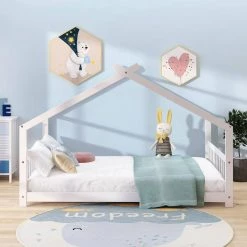 White Full Size House Bed Wood Bed by ATHMILE -ATHMILE Sales Store white athmile kids beds gz b2w20220640 31 1000