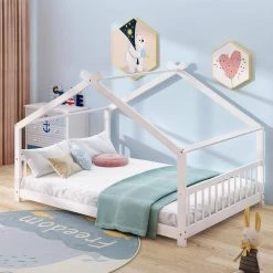 White Full Size House Bed Wood Bed by ATHMILE -ATHMILE Sales Store white athmile kids beds gz b2w20220640 4f 1000