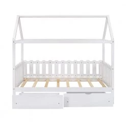 White Twin Size House Bed with Drawers Fence-Shaped Guardrail by ATHMILE
