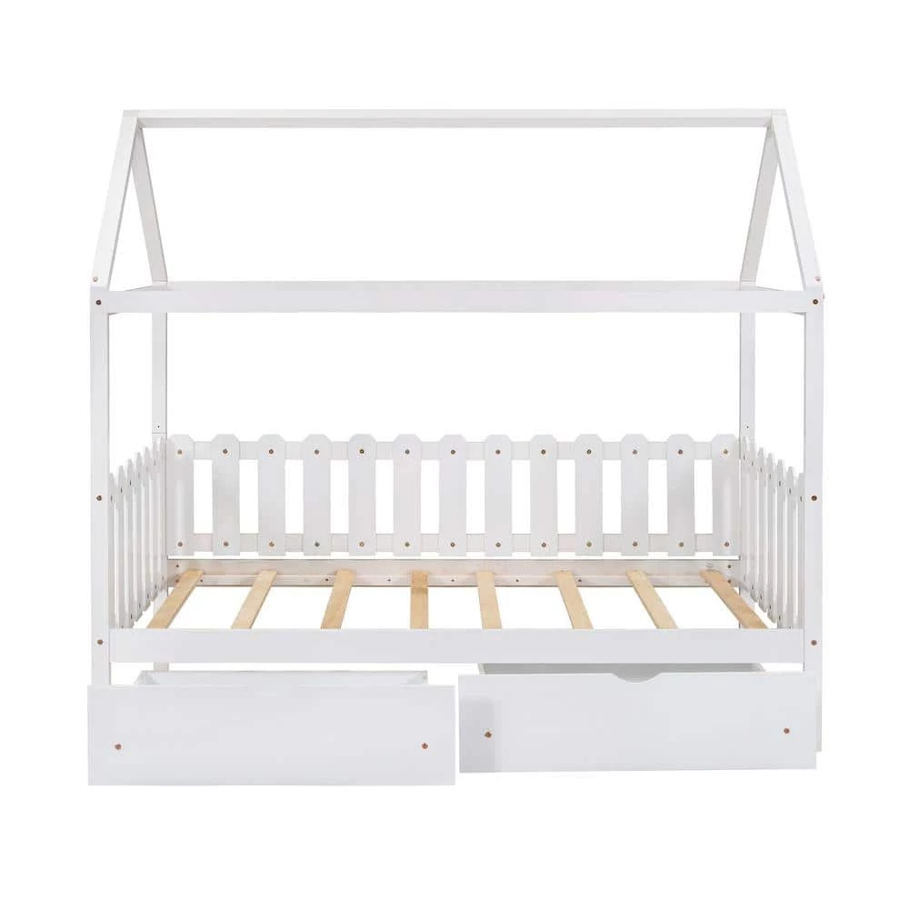 White Twin Size House Bed with Drawers Fence-Shaped Guardrail by ATHMILE 1 White Twin Size House Bed with Drawers Fence-Shaped Guardrail by ATHMILE