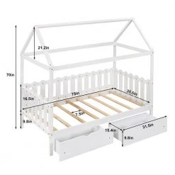 White Twin Size House Bed with Drawers Fence-Shaped Guardrail by ATHMILE 9 White Twin Size House Bed with Drawers Fence-Shaped Guardrail by ATHMILE -ATHMILE Sales Store white athmile kids beds gz b2w20220793 c3 1000