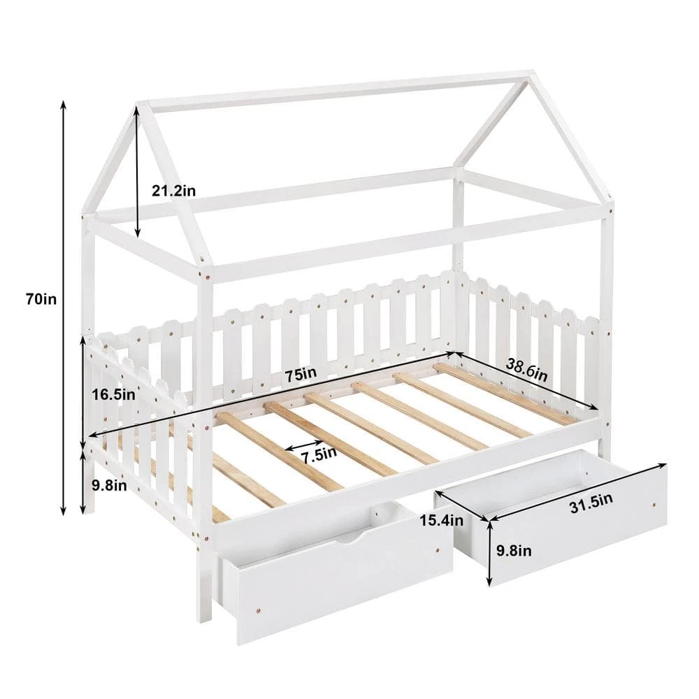 White Twin Size House Bed with Drawers Fence-Shaped Guardrail by ATHMILE 3 White Twin Size House Bed with Drawers Fence-Shaped Guardrail by ATHMILE - Image 3