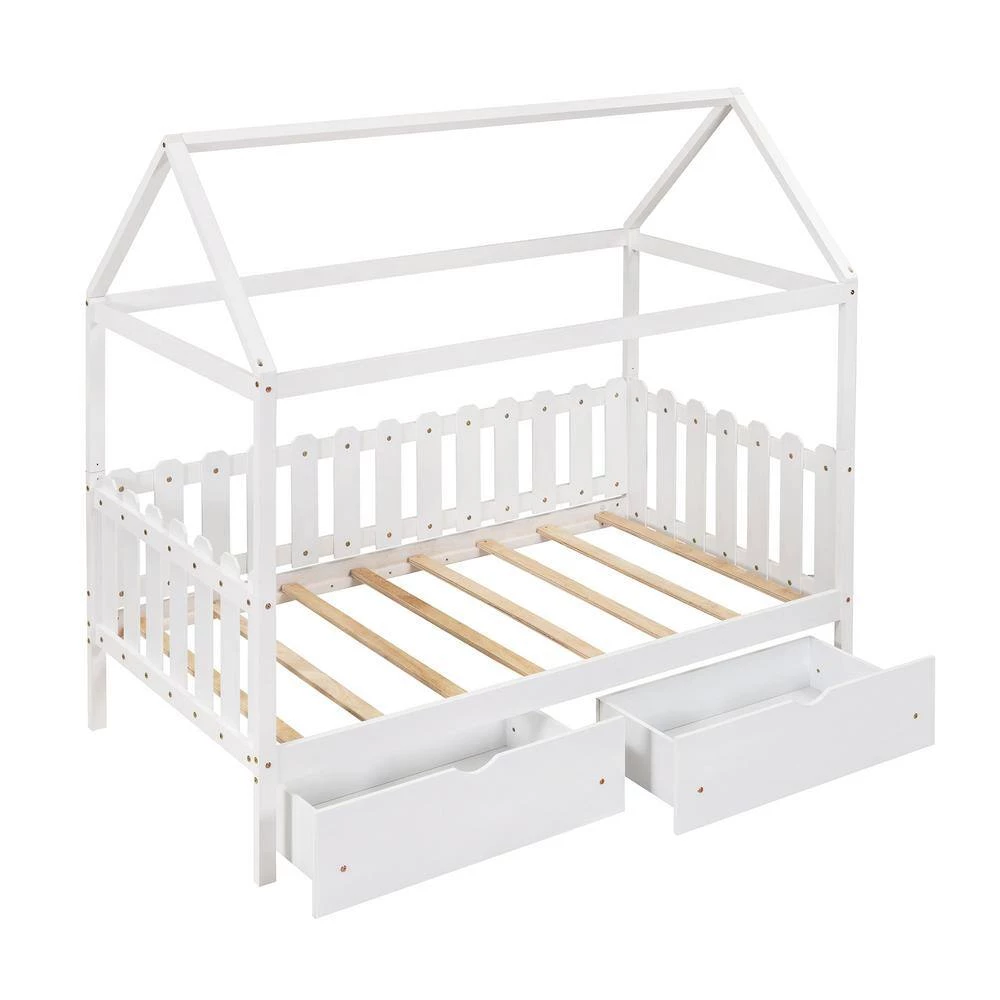 White Twin Size House Bed with Drawers Fence-Shaped Guardrail by ATHMILE 2 White Twin Size House Bed with Drawers Fence-Shaped Guardrail by ATHMILE - Image 2