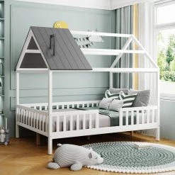 White Plus Gray Full Size Wood House Bed with Fence by ATHMILE 12 White Plus Gray Full Size Wood House Bed with Fence by ATHMILE -ATHMILE Sales Store white athmile kids beds gz b2w20221226 44 1000