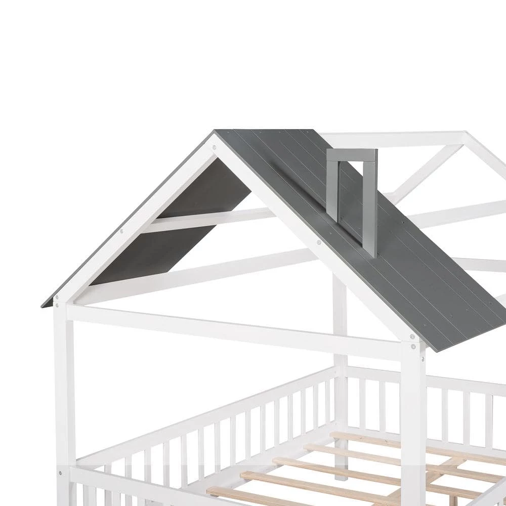 White Plus Gray Full Size Wood House Bed with Fence by ATHMILE 4 White Plus Gray Full Size Wood House Bed with Fence by ATHMILE - Image 4