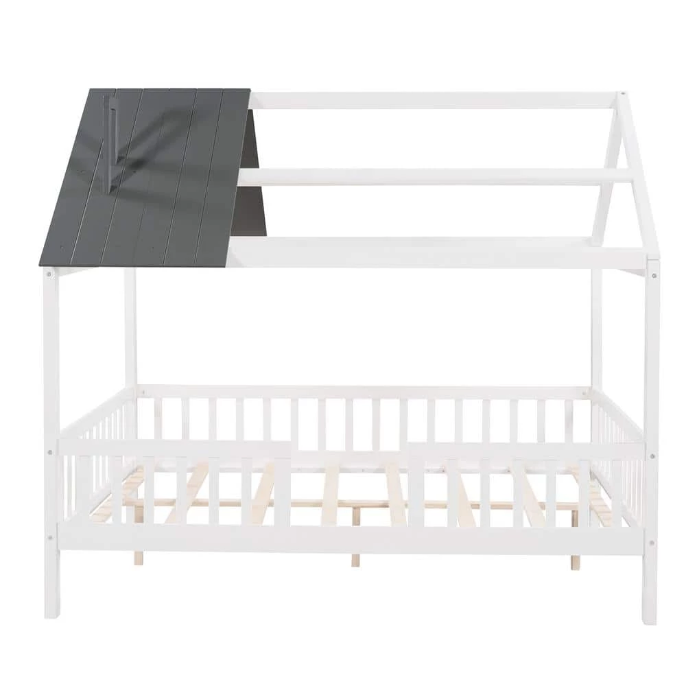 White Plus Gray Full Size Wood House Bed with Fence by ATHMILE 1 White Plus Gray Full Size Wood House Bed with Fence by ATHMILE