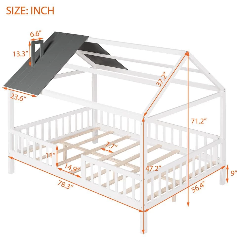 White Plus Gray Full Size Wood House Bed with Fence by ATHMILE 3 White Plus Gray Full Size Wood House Bed with Fence by ATHMILE - Image 3