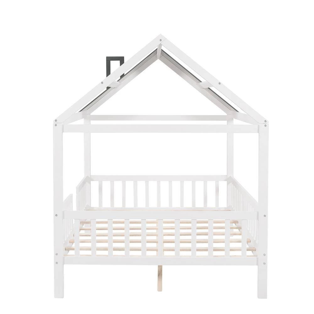 White Plus Gray Full Size Wood House Bed with Fence by ATHMILE 2 White Plus Gray Full Size Wood House Bed with Fence by ATHMILE - Image 2