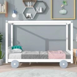 White Twin Size Canopy Car-Shaped Platform Bed by ATHMILE -ATHMILE Sales Store white athmile kids beds gz b2w20221569 31 1000