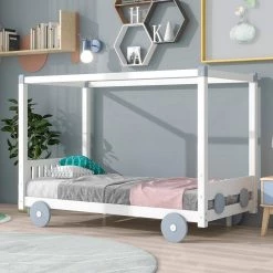 White Twin Size Canopy Car-Shaped Platform Bed by ATHMILE -ATHMILE Sales Store white athmile kids beds gz b2w20221569 4f 1000