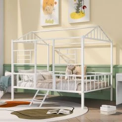 White Full Size Metal House Bed with Slatted Support by ATHMILE -ATHMILE Sales Store white athmile kids beds gz b2w20221668 c3 1000