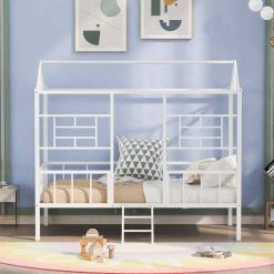White Twin Size Metal House Bed with Slatted Support by ATHMILE 17 White Twin Size Metal House Bed with Slatted Support by ATHMILE -ATHMILE Sales Store white athmile kids beds gz b2w20221671 31 1000
