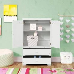 White Armoire with 2-Drawer 31.3 in. x 15.98 in. x 51.02 in. by ATHMILE -ATHMILE Sales Store white athmile kids dressers gz b2w20221052 fa 1000