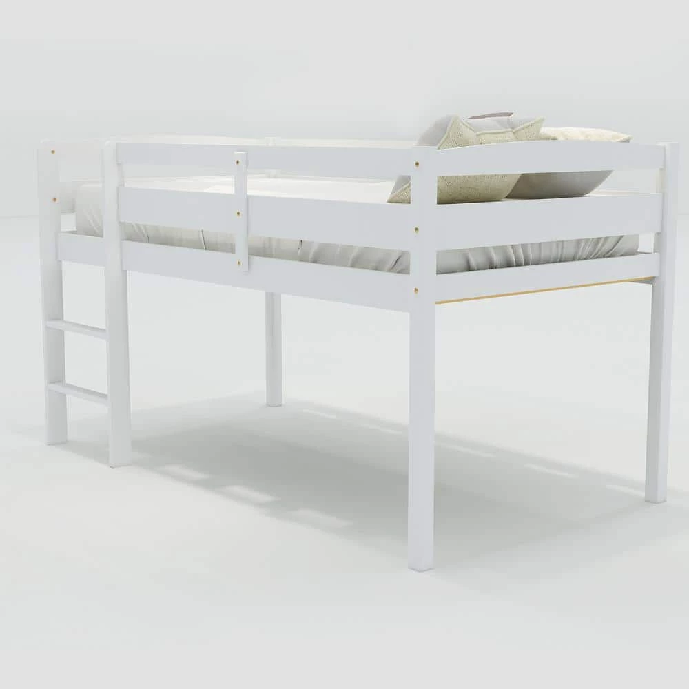White Twin Wood Loft Bed Low Loft Beds with Ladder by ATHMILE 5 White Twin Wood Loft Bed Low Loft Beds with Ladder by ATHMILE - Image 5