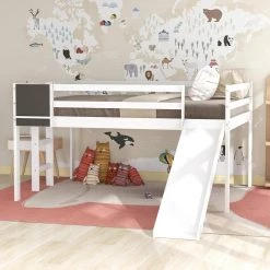 White Full Size Loft Bed Wood Bed with Slide Stair and Chalkboard by ATHMILE -ATHMILE Sales Store white athmile loft beds gz b2w20220561 31 1000