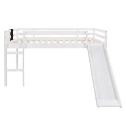 White Full Size Loft Bed Wood Bed with Slide Stair and Chalkboard by ATHMILE