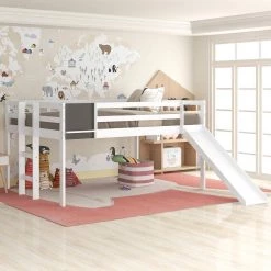 White Full Size Loft Bed Wood Bed with Slide Stair and Chalkboard by ATHMILE -ATHMILE Sales Store white athmile loft beds gz b2w20220561 c3 1000