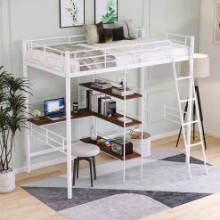 White Twin Size Metal Loft Bed and Built-in Desk and Shelves by ATHMILE 10 White Twin Size Metal Loft Bed and Built-in Desk and Shelves by ATHMILE -ATHMILE Sales Store white athmile loft beds gzx b2w20221319 c3 1000