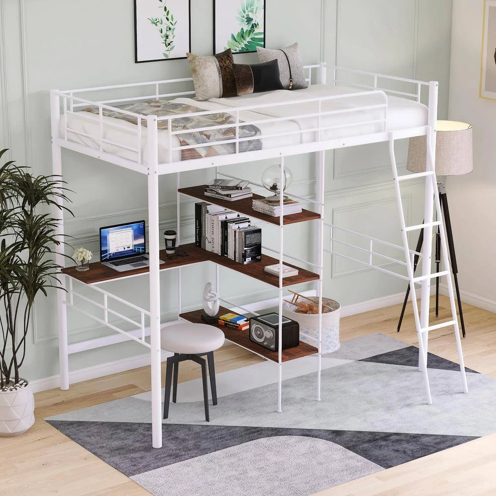 White Twin Size Metal Loft Bed and Built-in Desk and Shelves by ATHMILE 3 White Twin Size Metal Loft Bed and Built-in Desk and Shelves by ATHMILE - Image 3