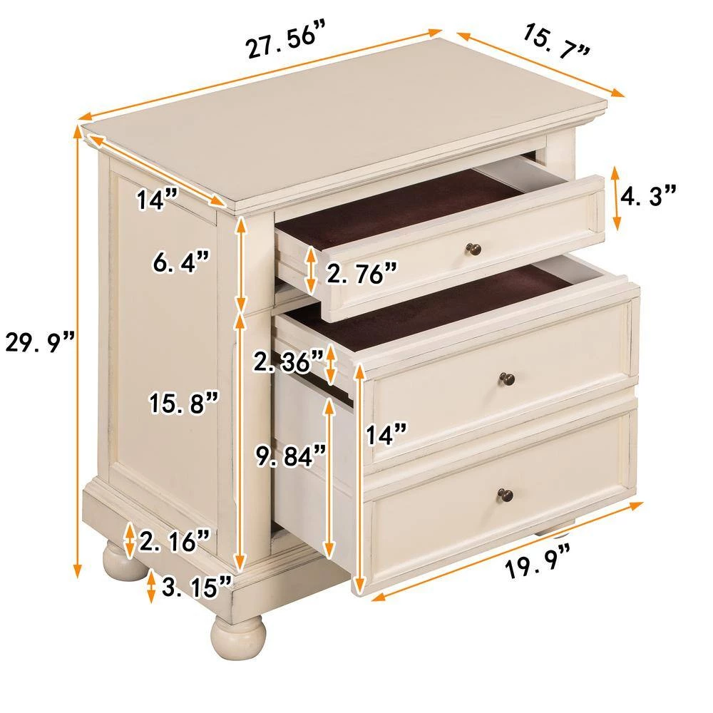 3-Drawers White Nightstand 27.56 in. L x 15.7 in. W x 29.9 in. H by ATHMILE 4 3-Drawers White Nightstand 27.56 in. L x 15.7 in. W x 29.9 in. H by ATHMILE - Image 4